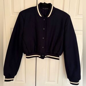 Zara Navy Blue and White Cropped Varsity Jacket